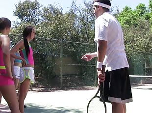 Teen sporty slut gets a tennis lesson then fucks on the court