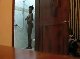 Amateur ebony cutie takes a shower in erotic homemade clip