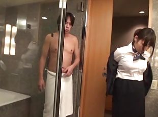 An Asian girl in an office outfit has a wild sex in a motel