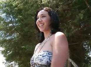 Pretty Dany rides big cock and plays with her pussy outdoors