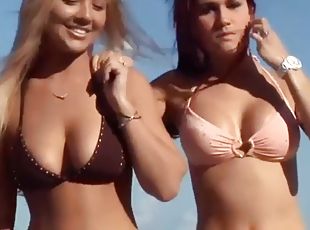 Pale blonde and tanned brunette lesbians playing and licking