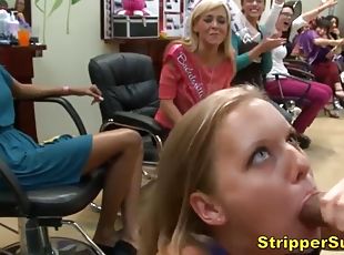 Dirty fucking sluts sucking on stripper cocks at local hair salon
