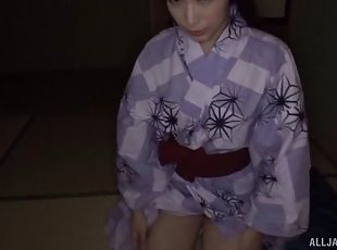Japanese beauty take off her kimono and plays with a dong