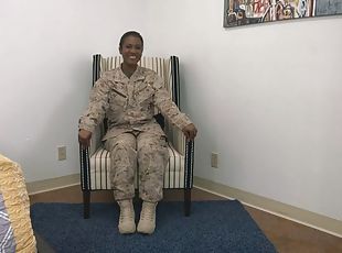 Ebony army girl strips her uniform to be banged