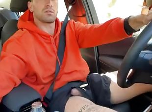 Guy with nice thighs jerks off and cums in his car