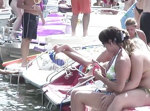 Bikini clad pornstar shows off her sexy ass at a wild bikini party at the lake