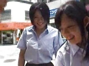 Japanese girls touch his dick in a box