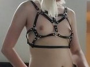 trans girl in leather harness gets dick sucked