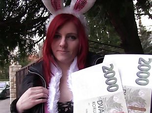 Shaved pussy redhead amateur Snow takes money for an outdoor fuck