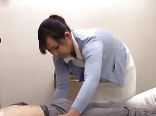 Pretty Japanese nurse takes a long dick in her mouth and makes him cum