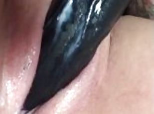 Creamy little pussy getting fucked by huge black dildo