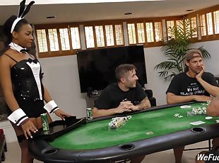 During poker night a group of white guys gangbang the hot, ebony maid