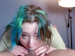 Sensual Handjob & Blowjob with Blue Lipstick Ends with Eye Rolling Deepthroat Orgasm & CIM Throatpie