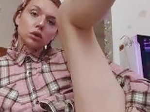 Tgirl with bj braids fucks herself with a glass toy