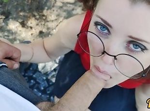 cute schoolgirl with glasses gives blowjob and sex on the old road to get a lot of cum on fa