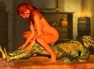 Lizardman gets milked by Sexy Red Head MILF in Bar "SKYRIM