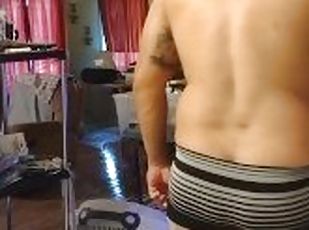 Beefy tattoo guy in muscle underwear cleaning the house part 1
