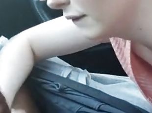 White slut sucks BBC cum in a car