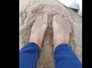 público, amador, praia, pés, suja, fetiche