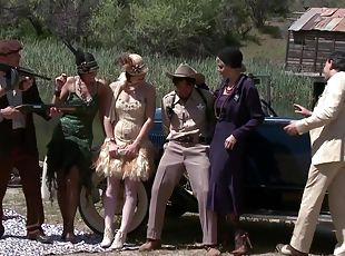 4 busty milfs fucked by 4 men at outdoor vintage orgy