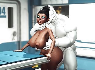 A sexy  busty ebony has hard anal sex with sex robot in the medbay