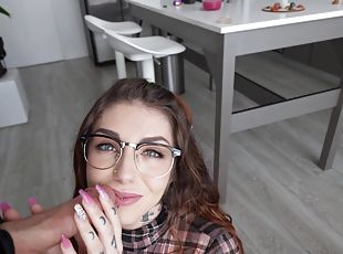 Adorable roommate Brenna Mckenna with glasses gets face fucked