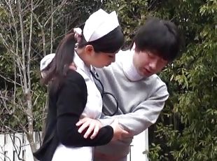infirmière, en-plein-air, japonais, couple, uniformes, parc, bite, sucer