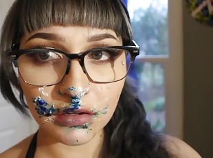Messy Face First Cake Stuffing - Food fetish with busty tattooed nerd