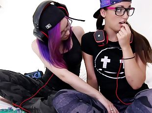 Naughty gamer girls Kira Burn and Mia Luna lick each other