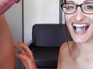Horny brunette moaning and sucking my dick until she gets a cumshot