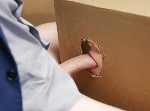 Bride to be sucking dick through shipping box hole