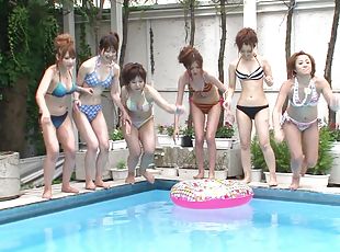 एशियाई, घर-के-बाहर, लड़कियां, जापानी, समूह-सेक्स, फ़िन्गरिंग, पूल, बिकिनी, लंड