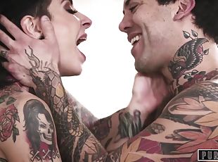 Tattooed guy gets to fuck Joanna Angel and her friend while they moan
