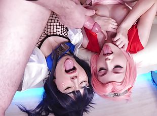 Naruto Cosplay - Anal threesome with busty & kinky girls - perky tits, facial cumshot