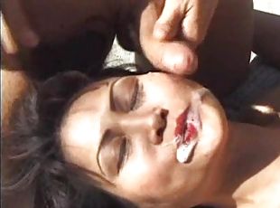 Cougar takes cum in mouth after slammed outdoor in DP threesome clip