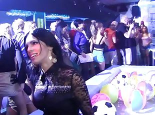 Crazy group sex scene with bitches sucking and riding cocks in a club