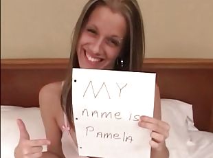 Pamela with natural tits masturbates and gives great blowjob in POV clip