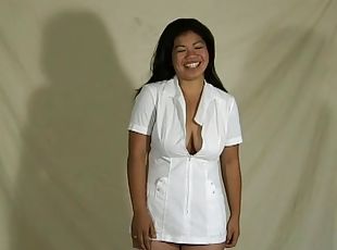 Curvy Asian in a short white dress gives a lovely rubdown