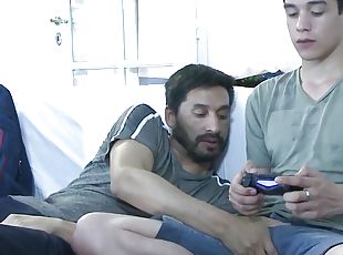 Gaming twink barebacked by DILF Latino after asslick