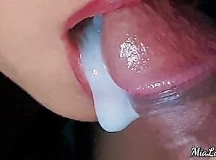 sucking And Licking The Tip Of A Dick Lots Of Cum in mouth and tongue, close-up