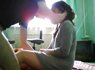 Horny brunette gives a blowjob and gets fucked from behind.