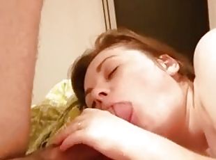 She teases his dick, takes a bite and swallows