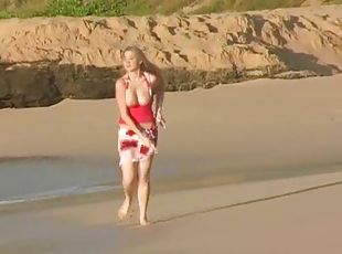 Curvy Alison Angel shows her boobs on a beach