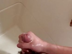 asiático, bañando, enorme, masturbación, amateur, chorro-de-corrida, pajeándose, corrida, esperma, ducha