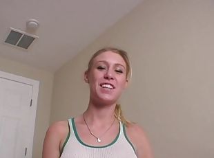 Sporty teen in shorts flaunts her big tits and nice ass in enticing solo shoot