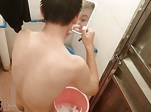 asiatisk, pappa, masturbation, gigantisk-kuk, gay, kamera, voyeur, knubbig, webbkamera, dusch