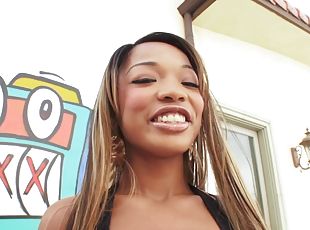 Marvelous Ebony With Long Hair Swallows Cum Outdoors