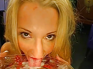 Sweet blonde is licking sperm from that plate