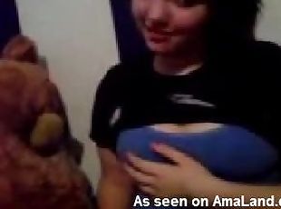 Cute emo girl is teasing her nipples and playing with Teddy