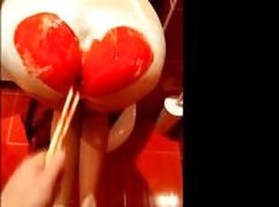 Kelly was in the bathroom. James painted her ass red. Then fucked anal with tassels. Part1